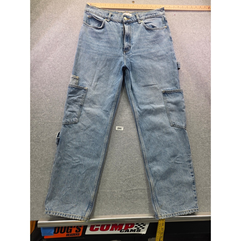 Zara Women Light Wash Cargo Carpenter Jeans Straight Leg Blue Denim Size 10